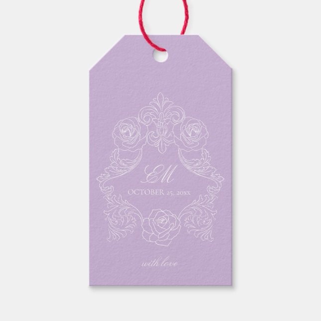 Victorian Crest Monogram Purple Wedding Presentetikett (Framsidan)