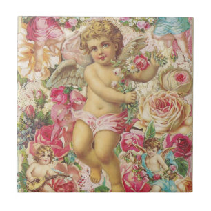 Victorian Cupid och Ro Blommigt Kakelplatta