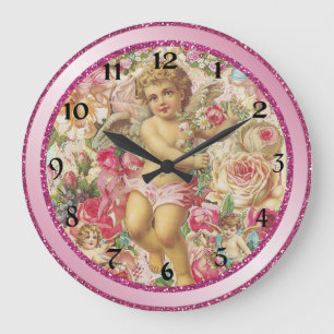 Victorian Cupid och Ro Blommigt Stor Klocka