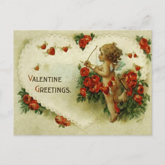Victorian Cupid Ro och Heart Valentine vycard Vykort (Framsida)