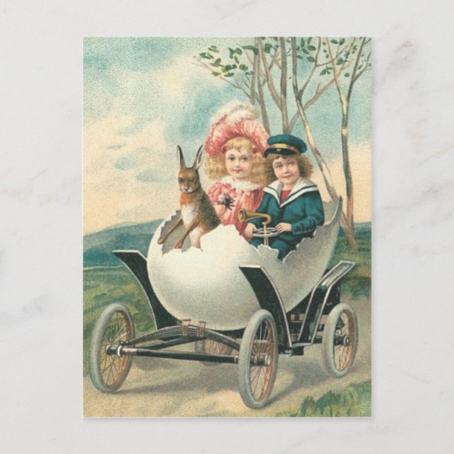 Victorian Cute Children Bunny Egg Car Vykort (Framsida)