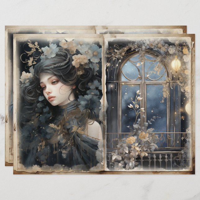 Victorian Dam Balcony Blue Junk Journal Page (Fram/baksida)