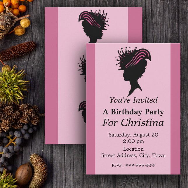 Victorian Dam Black Silhouette Finare Hat Birthday Inbjudningar (Silhouette of face of Victorian woman fancy hat on pink Birthday party invitations.)