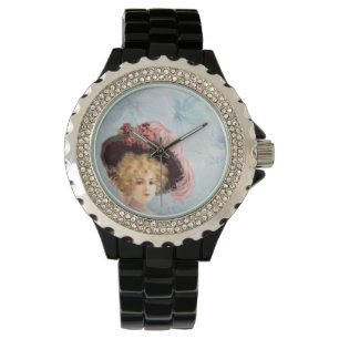 Victorian Dam i Hat Rhinestone Black Enamel Armbandsur