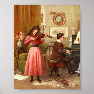 Victorian Dam Man Plays Violin Piano Art Skriv ut Poster