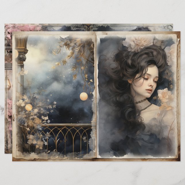 Victorian Dam Midnight Blue Junk Journal Pages (Fram/baksida)