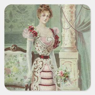 Victorian Dam-Vintage Fransk Mode-Rosa Dress Fyrkantigt Klistermärke