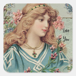 Victorian Dam w/ Rosa Flowers in her Hair Fyrkantigt Klistermärke