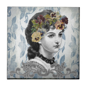 Victorian Dam Woman Pansies på tapestry Kakelplatta