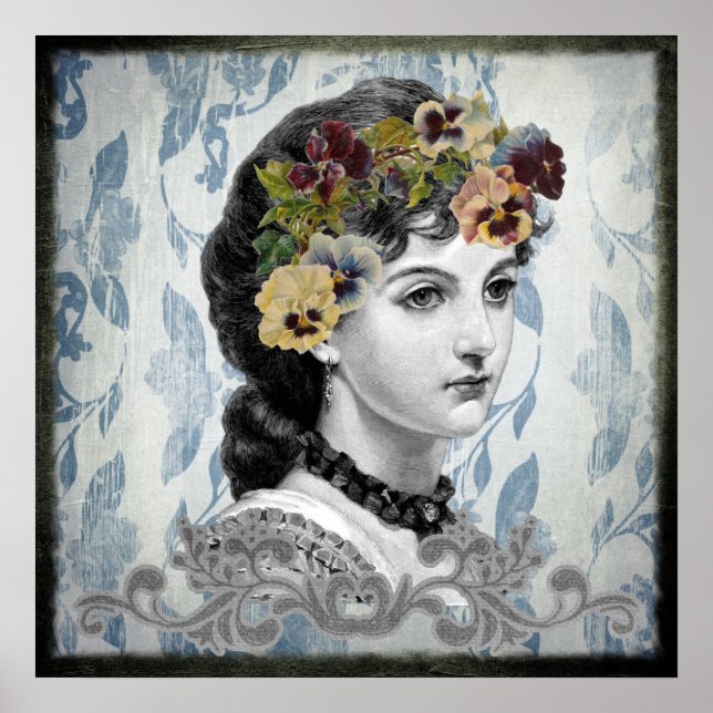 Victorian Dam Woman Pansies på tapestry Poster (Framsidan)