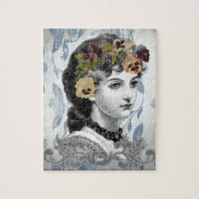Victorian Dam Woman Pansies på tapestry Pussel (Vertikal)