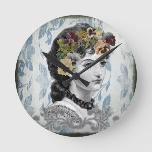 Victorian Dam Woman Pansies på tapestry Rund Klocka