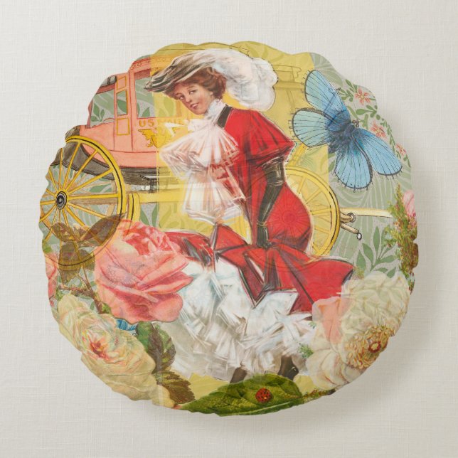 Victorian Dam Woman Roligt Carriage Rund Kudde (Framsidan)