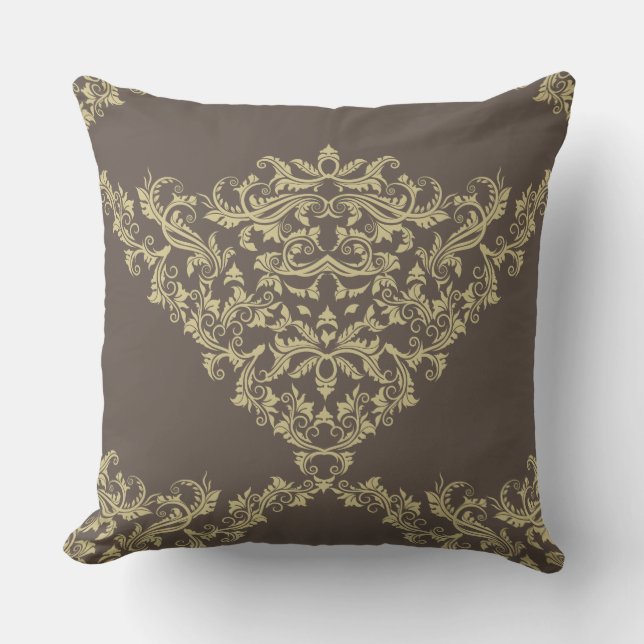Victorian Damask i Beige på Brown Dekorativ kudde (Framsida)