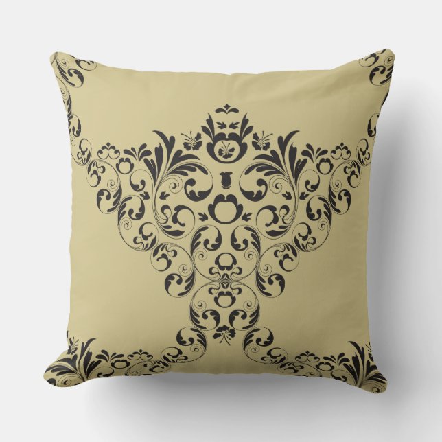 Victorian Damask i Black på Tan Dekorativ kudde (Framsida)