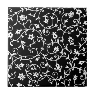 Victorian Damask Pattern, Black and White Kakelplatta