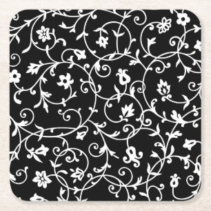 Victorian Damask Pattern, Black and White Underlägg Papper Kvadrat
