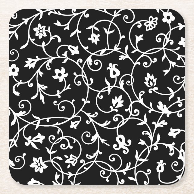 Victorian Damask Pattern, Black and White Underlägg Papper Kvadrat (Framsidan)