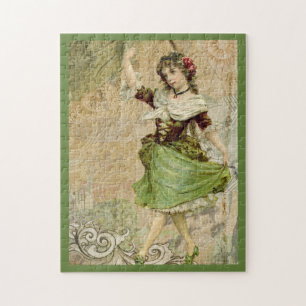 Victorian Dancing Girl Grönt Röd ros Pussel