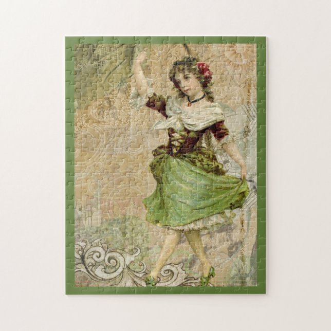 Victorian Dancing Girl Grönt Röd ros Pussel (Vertikal)