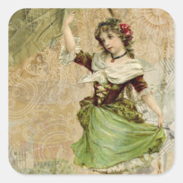 Victorian Dancing Girl Grönt Röd ros Stickers Fyrkantigt Klistermärke