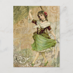 Victorian Dancing Girl Grönt Röd ros vykort