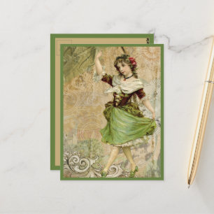 Victorian Dancing Girl Grönt Röd ros Vykort