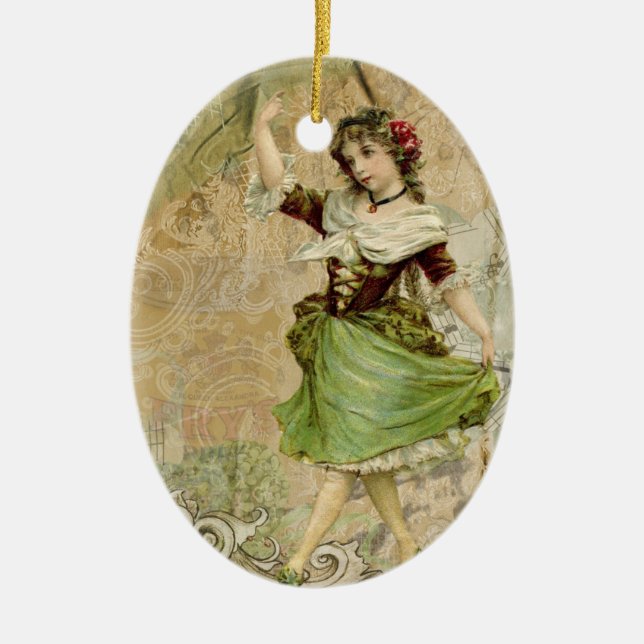 Victorian Dancing Girl Grönt w/ Röd ros Ornament (Framsidan)