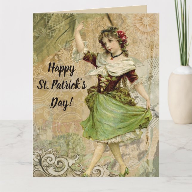 Victorian Dancing Girl i Grönt St. Patrick's Day Kort (Framsida)