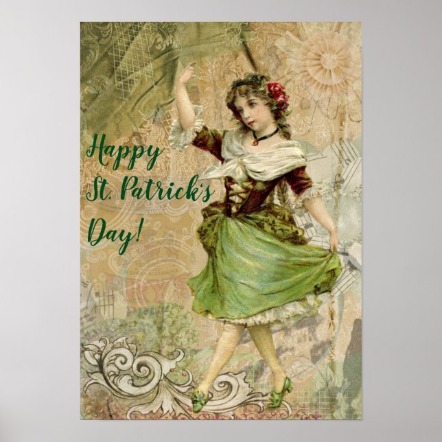 Victorian Dancing Girl i Grönt St. Patrick's Day Poster (Framsidan)