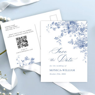 Victorian Dusty Blue Blommigt Bröllop spara datum Vykort