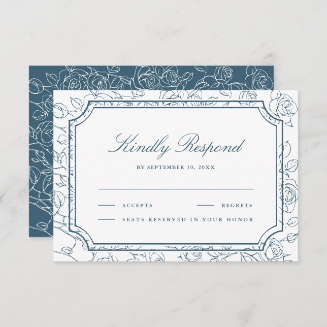 Victorian Dusty Blue Floral Line Art Wedding OSA Kort (Fram/baksida)