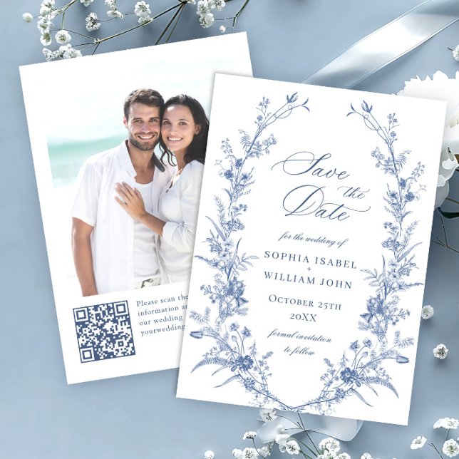 Victorian Dusty Blue Fransk Garden Blommigt Bröllo Spara Datumet (Skapare uppladdad)