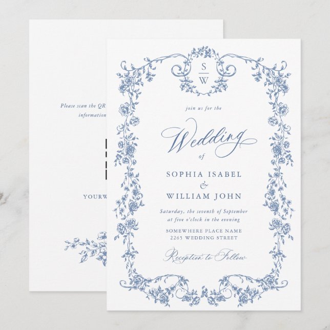 Victorian Dusty Blue Fransk Garden Wedding Inbjudningar (Fram/baksida)