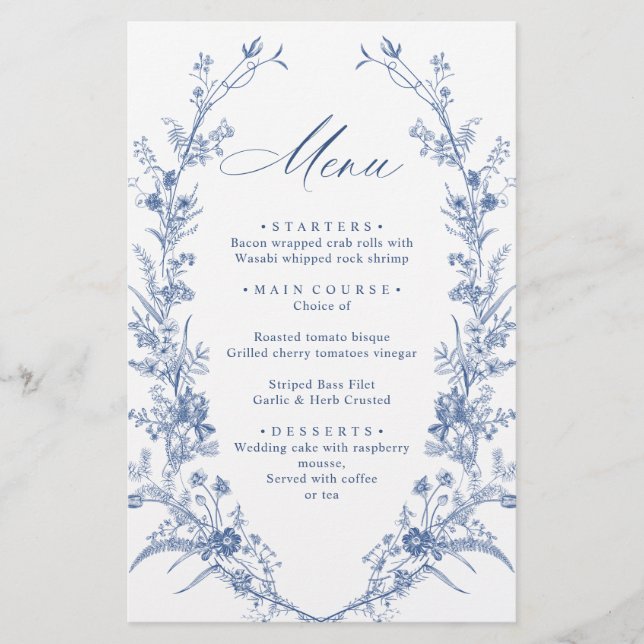 Victorian Dusty Blue Fransk Garden Wedding Menu (Framsida)