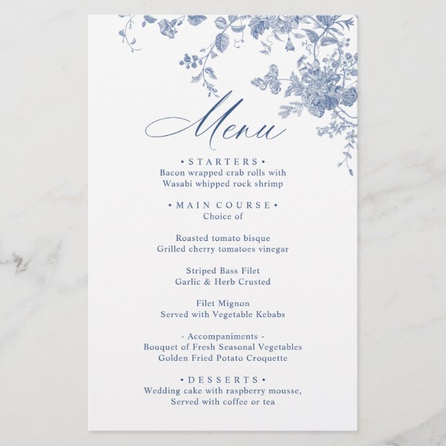 Victorian Dusty Blue Fransk Garden Wedding Menu (Framsida)
