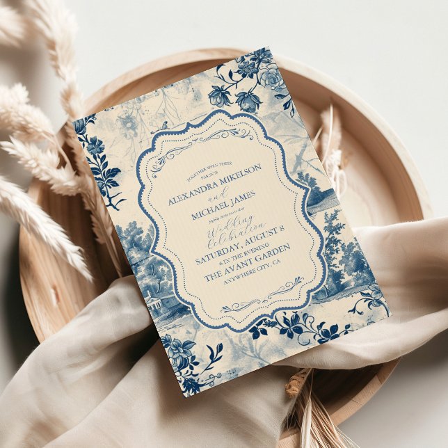 Victorian Dusty Blue Fransk Toile Bröllop Inbjudningar (Skapare uppladdad)