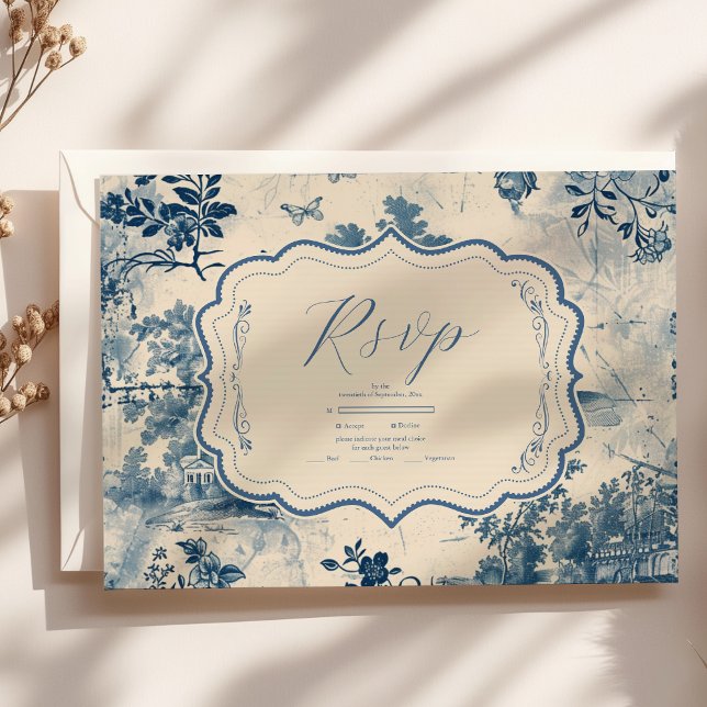 Victorian Dusty Blue Fransk Toile Bröllop OSA Kort (Skapare uppladdad)