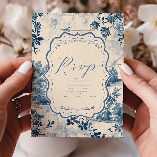 Victorian Dusty Blue Fransk Toile Bröllop OSA Kort (Skapare uppladdad)