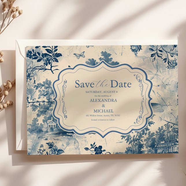 Victorian Dusty Blue Fransk Toile Bröllop Spara Datumet (Skapare uppladdad)