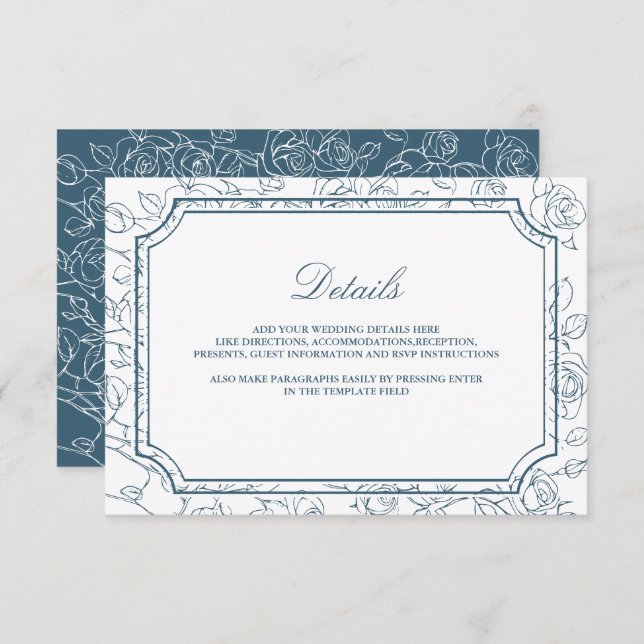 Victorian Dusty Blue Line Art Wedding Details Tilläggskort (Fram/baksida)