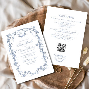 Victorian Dusty Blue QR Code Blommigt Bröllop Inbjudningar