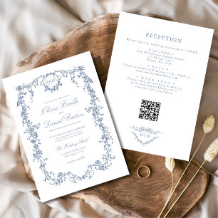 Victorian Dusty Blue QR Code Floral Wedding Inbjudningar