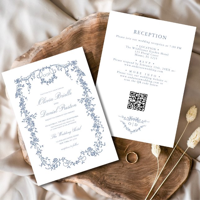 Victorian Dusty Blue QR Code Floral Wedding Inbjudningar (Skapare uppladdad)