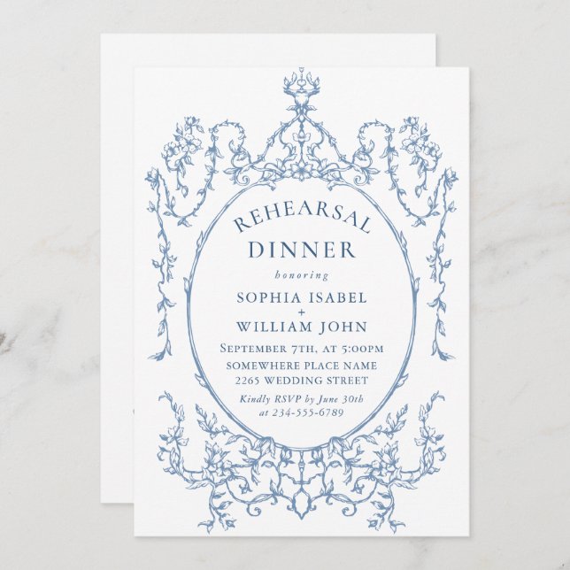 Victorian Dusty Blue Rehearsal Dinner QR-kod Inbjudningar (Fram/baksida)