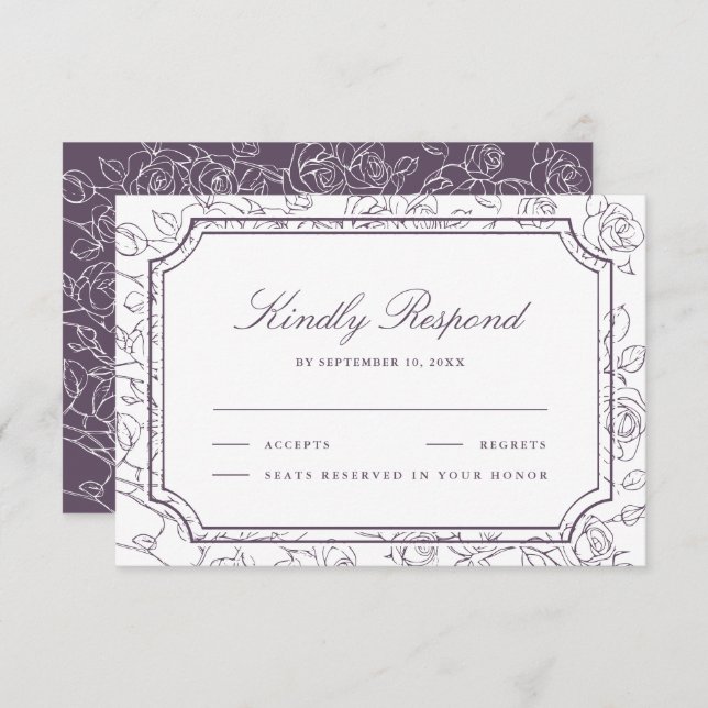 Victorian Dusty Purple Floral Line Art Wedding OSA Kort (Fram/baksida)
