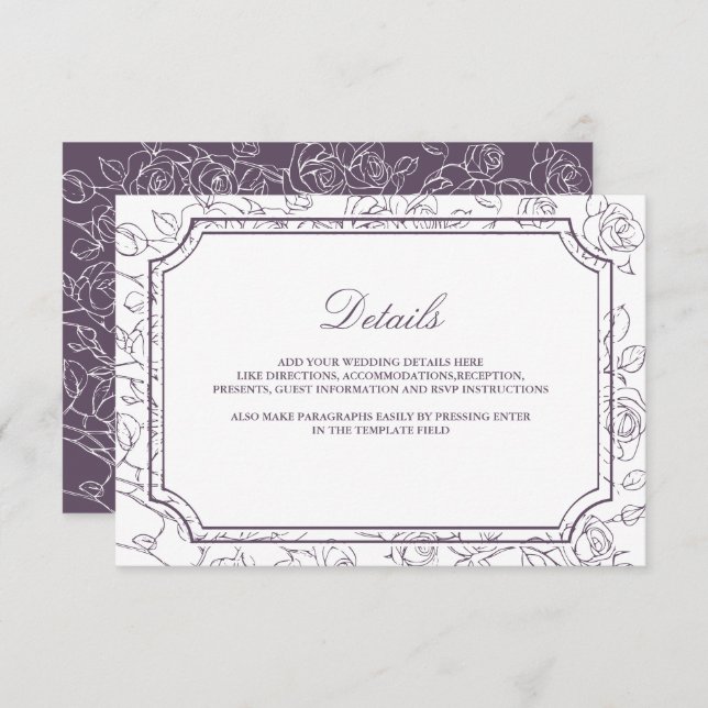 Victorian Dusty Purple Line Art Wedding Details Tilläggskort (Fram/baksida)