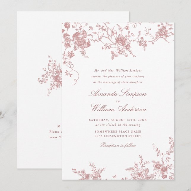 Victorian Dusty  Rosa Fransk Garden Wedding Inbjudningar (Fram/baksida)