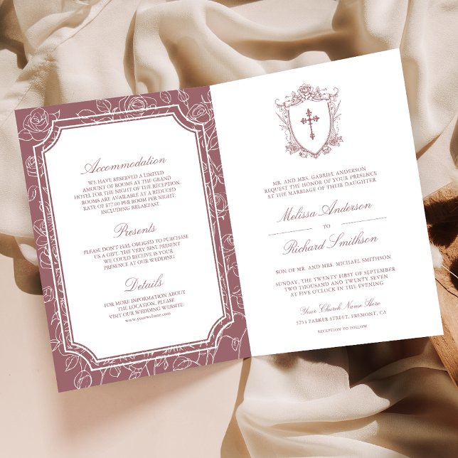 Victorian Dusty Rose Catholic QR Code Wedding Inbjudan (Skapare uppladdad)