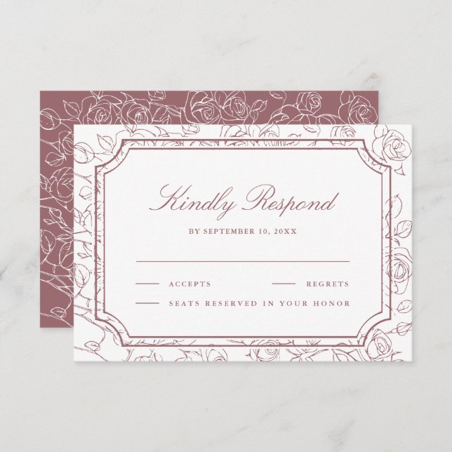 Victorian Dusty Rose Floral Line Art Wedding OSA Kort (Fram/baksida)